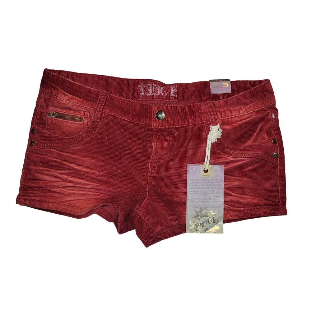 TRUCE Red Corduroy Zipper Pocket Distressed Low Rise Hot‎ Pants Shorts Size 17